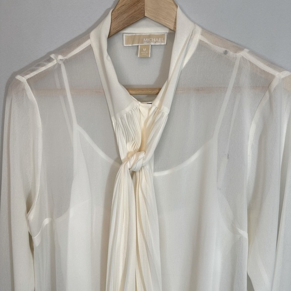 Michael Kors Button Front Tie Neck 2 Piece Blouse Cami Long Sleeve Sheer Size M - Picture 6 of 10